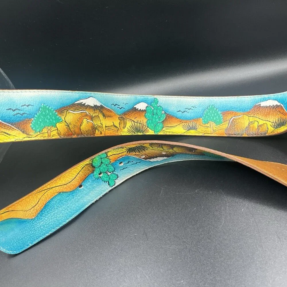 VTG 90s Hand Painted Leather Belt Southwestern Desert Horse Cowgirl L/XL Western